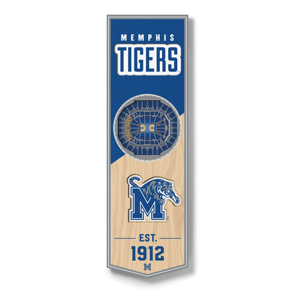 Memphis Tigers themed wall banner featuring a blue and wood-grain design with the team name, stadium seating graphic, tiger mascot logo, and 'EST. 1912' text.