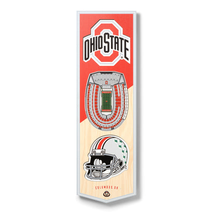A vertical Ohio State Buckeyes themed wall banner or plaque featuring the team logo at the top, a stadium illustration in the middle, and a football helmet near the bottom, shown on a plain white background.